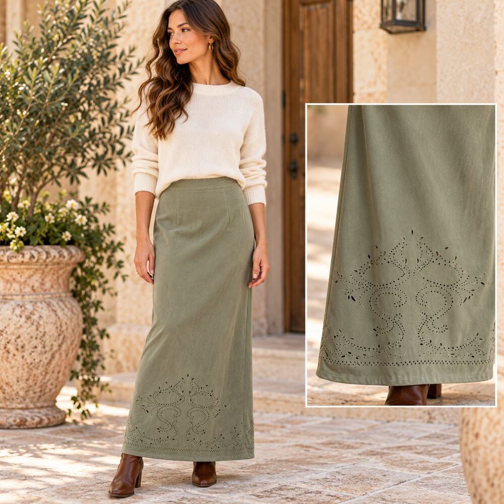 Talbots Maxi Skirt Womens 6 Sage Green Laser Cut Floral Hem Stretch Cottage